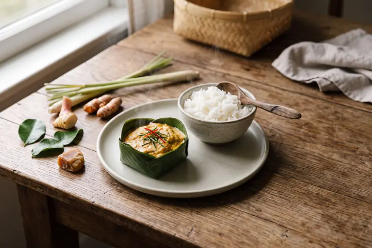 The Cambodia table from the cookbook, laid with the dishes of the chapter.