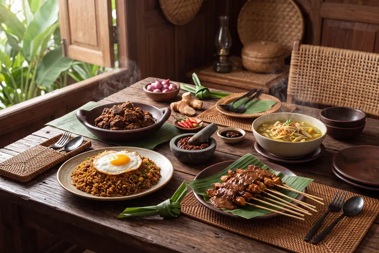 The Indonesia table from the cookbook, laid with the dishes of the chapter.