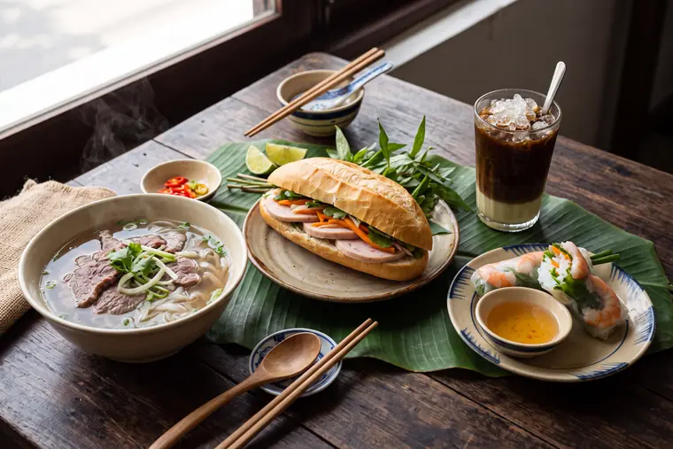 The Vietnam table from the cookbook, laid with the dishes of the chapter.